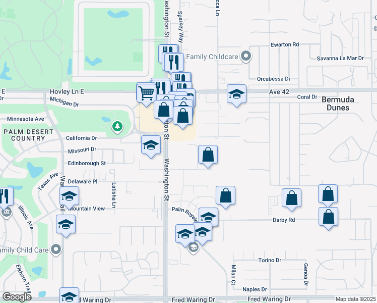 map of restaurants, bars, coffee shops, grocery stores, and more near 42605 Byron Place in Bermuda Dunes