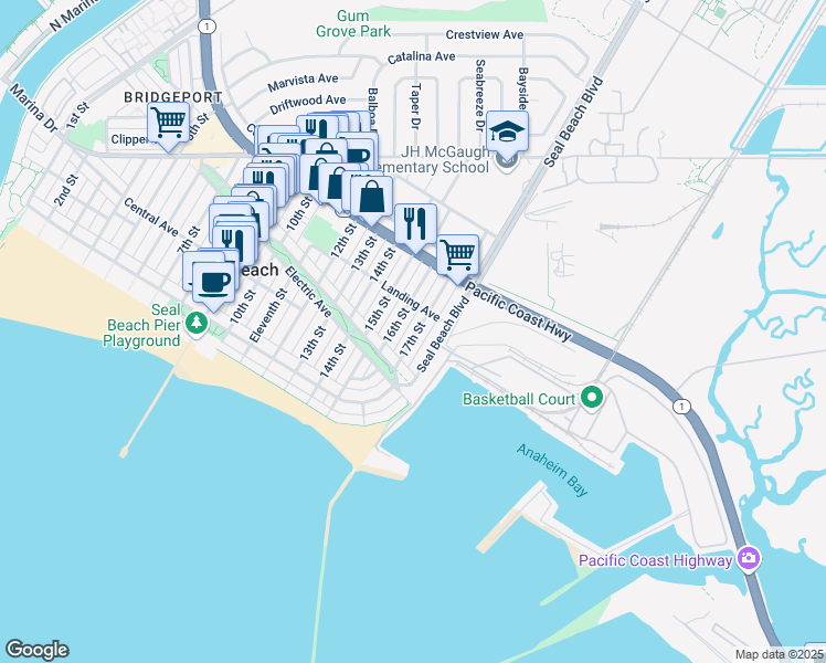 map of restaurants, bars, coffee shops, grocery stores, and more near 235 17th Street in Seal Beach