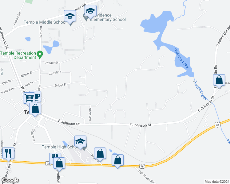 map of restaurants, bars, coffee shops, grocery stores, and more near 512 Earnest Lane in Temple