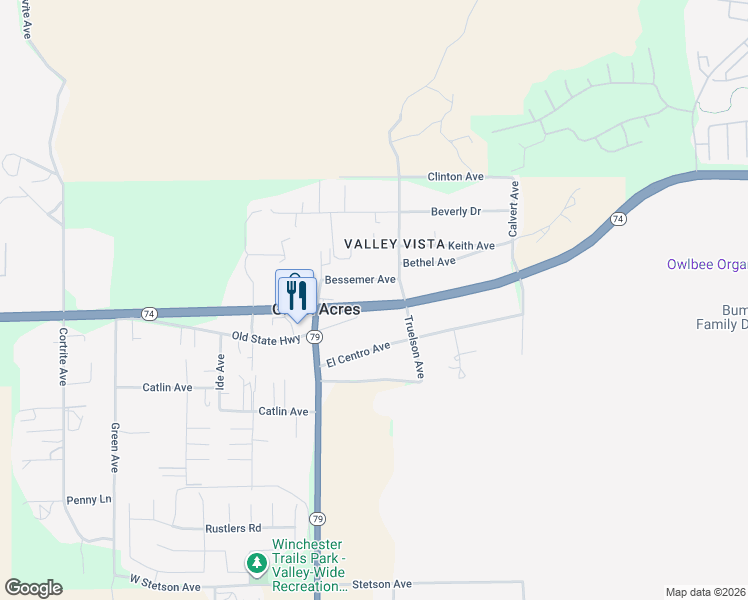 map of restaurants, bars, coffee shops, grocery stores, and more near 33646 California 74 in Hemet