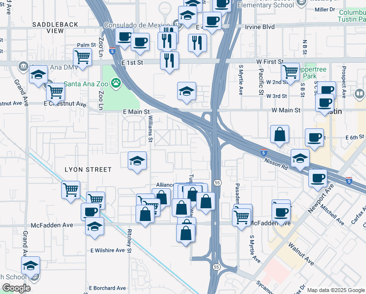 map of restaurants, bars, coffee shops, grocery stores, and more near 138 Balboa Lane in Tustin