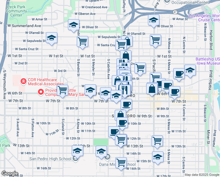 map of restaurants, bars, coffee shops, grocery stores, and more near 506 S Cabrillo Ave in San Pedro