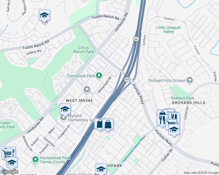 map of restaurants, bars, coffee shops, grocery stores, and more near 28 Amoret Dr in Irvine