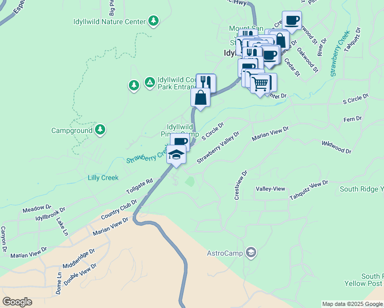 map of restaurants, bars, coffee shops, grocery stores, and more near 26540 California 243 in Idyllwild-Pine Cove