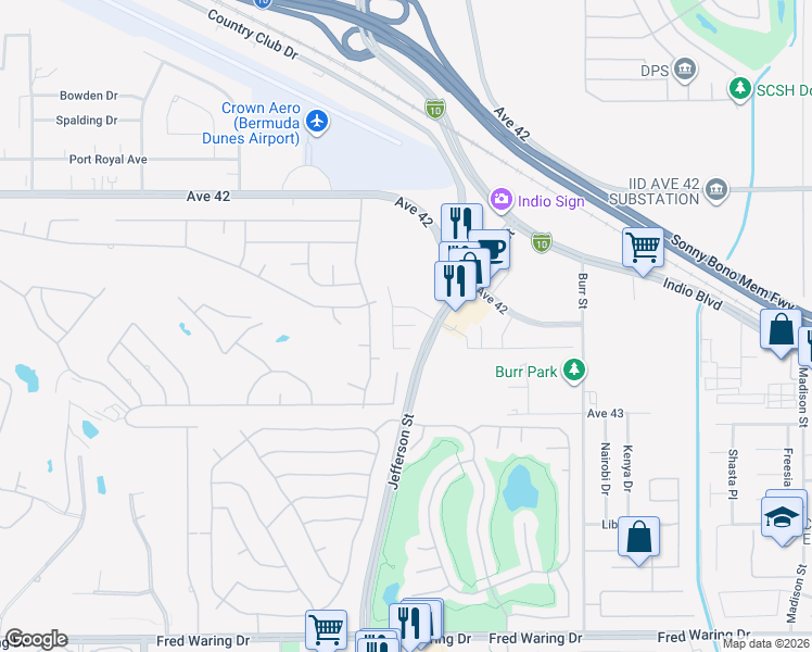 map of restaurants, bars, coffee shops, grocery stores, and more near Fortress Court in Indio