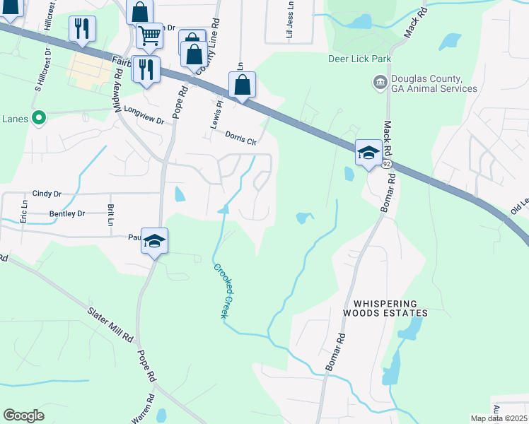 map of restaurants, bars, coffee shops, grocery stores, and more near 2430 Redbud Meadow Lane in Douglasville