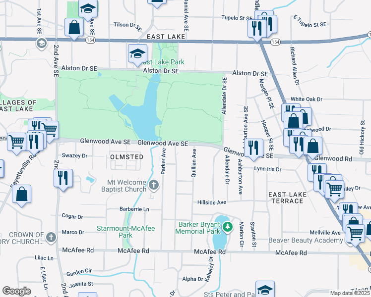 map of restaurants, bars, coffee shops, grocery stores, and more near 2711 Glenwood Avenue Southeast in Atlanta