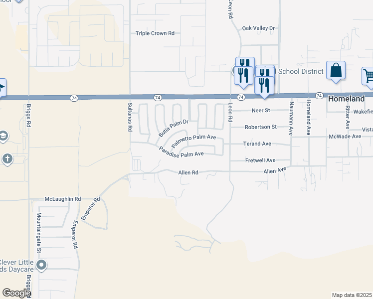 map of restaurants, bars, coffee shops, grocery stores, and more near 30715 Cocos Palm Avenue in Homeland