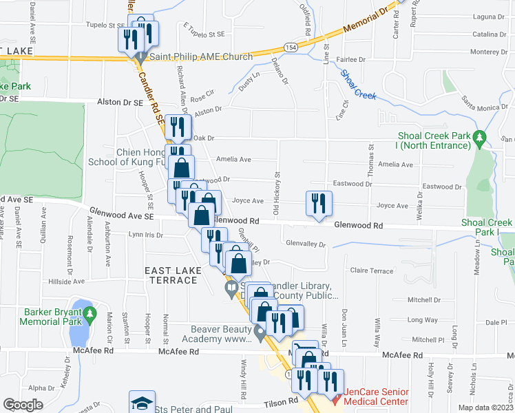 map of restaurants, bars, coffee shops, grocery stores, and more near 2583 Joyce Avenue in Decatur