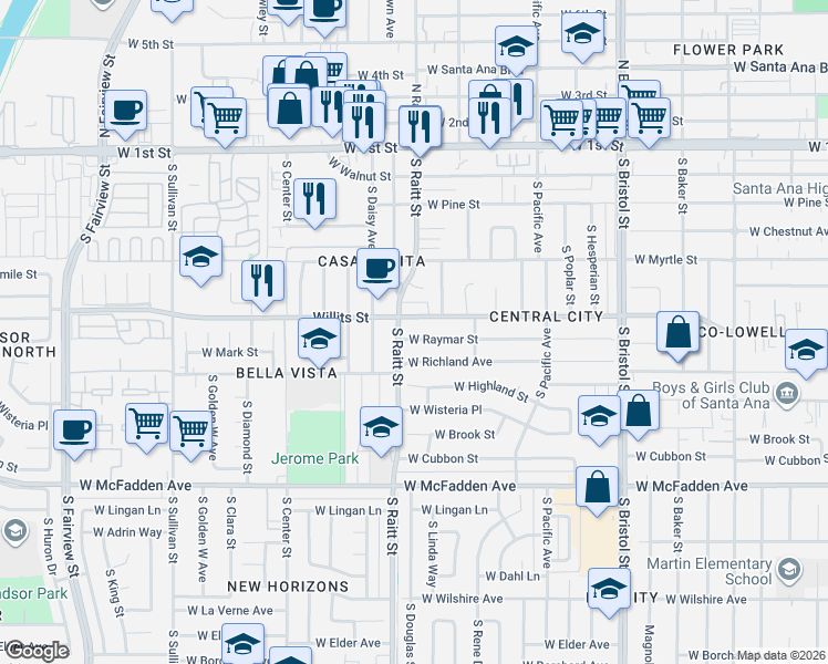 map of restaurants, bars, coffee shops, grocery stores, and more near 1745 West Raymar Street in Santa Ana