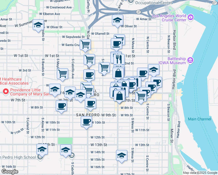 map of restaurants, bars, coffee shops, grocery stores, and more near 505 South Pacific Avenue in Los Angeles
