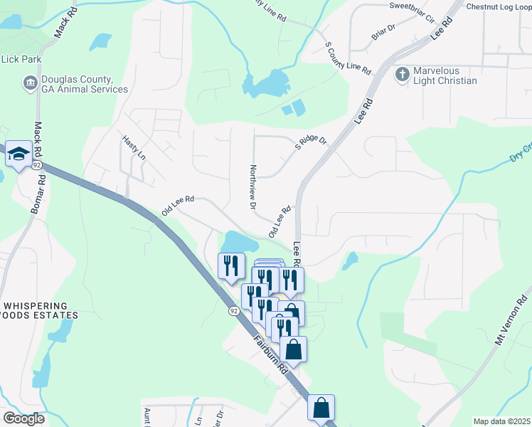 map of restaurants, bars, coffee shops, grocery stores, and more near 8888 Northview Drive in Lithia Springs