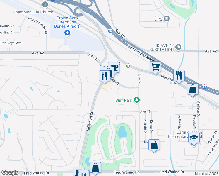 map of restaurants, bars, coffee shops, grocery stores, and more near 42481 Isla Court in Indio