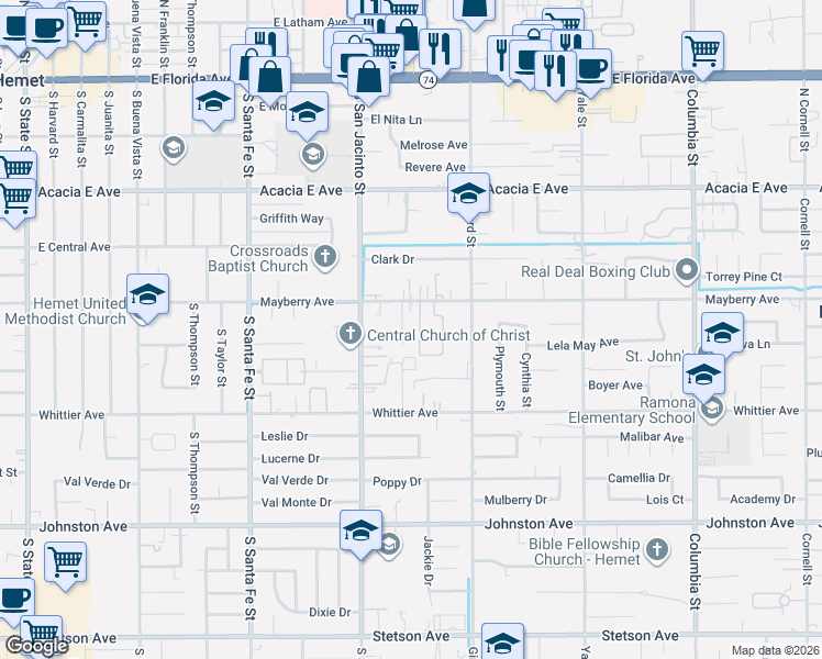 map of restaurants, bars, coffee shops, grocery stores, and more near 40389 Mayberry Avenue in Hemet
