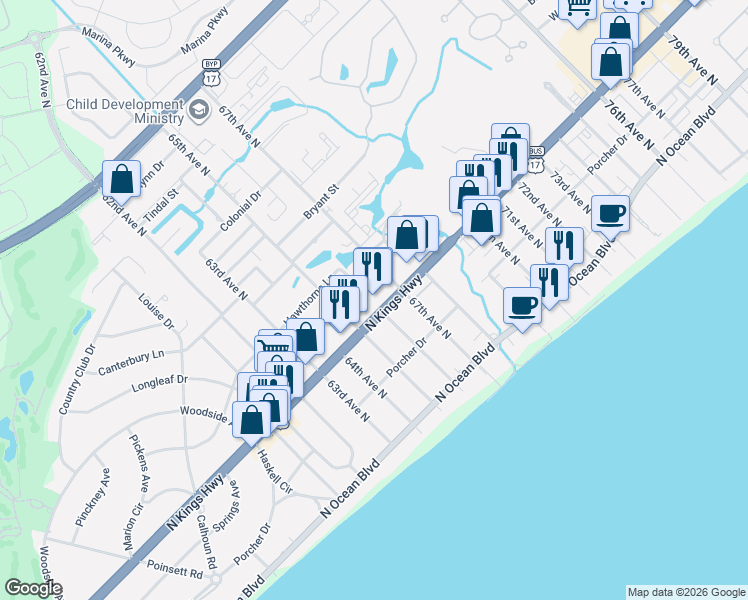 map of restaurants, bars, coffee shops, grocery stores, and more near 6617 North Kings Highway in Myrtle Beach