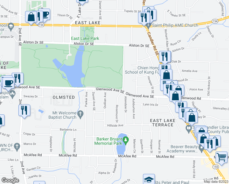 map of restaurants, bars, coffee shops, grocery stores, and more near 2769 Glenwood Avenue Southeast in Atlanta