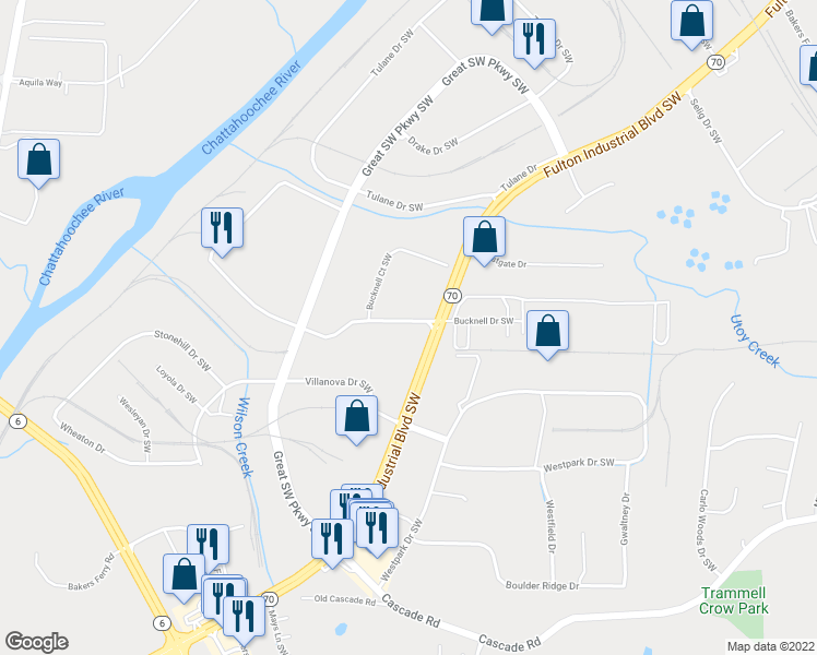 map of restaurants, bars, coffee shops, grocery stores, and more near 255 Bucknell Drive Southwest in Atlanta