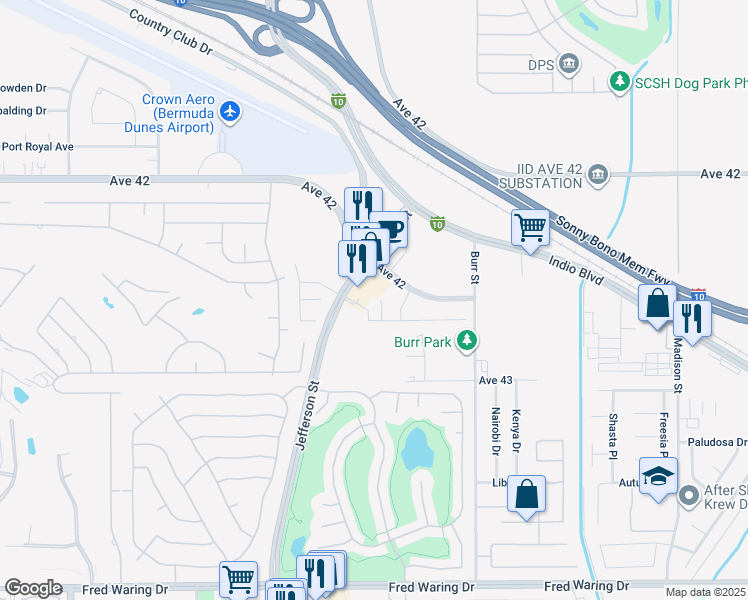 map of restaurants, bars, coffee shops, grocery stores, and more near 42481 Isla Court in Indio