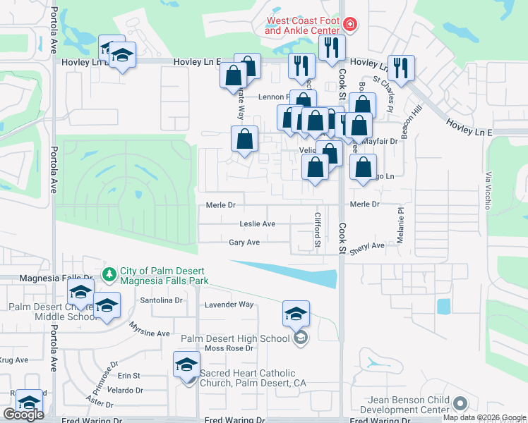 map of restaurants, bars, coffee shops, grocery stores, and more near 42521 Claudia Street in Palm Desert