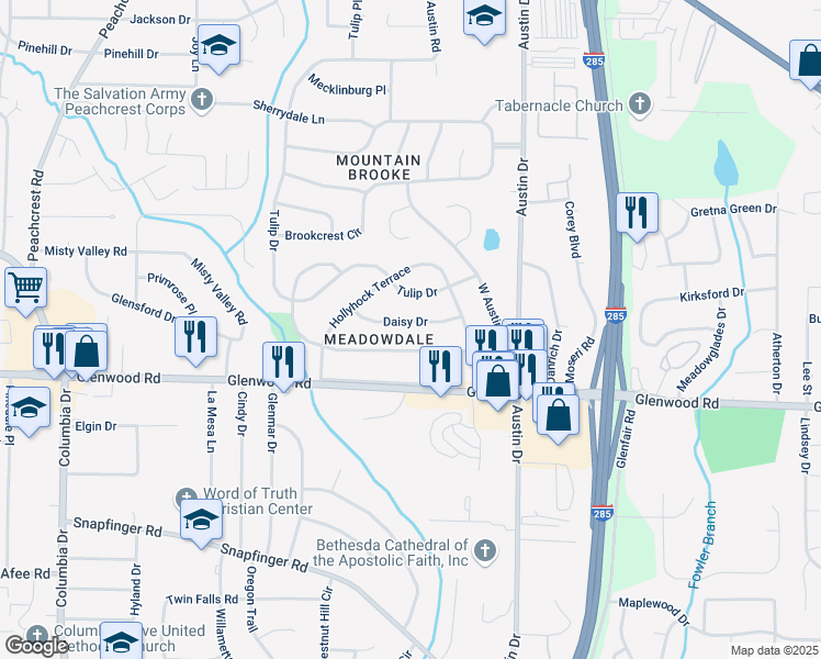 map of restaurants, bars, coffee shops, grocery stores, and more near 3701 Daisy Drive in Decatur