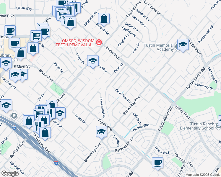 map of restaurants, bars, coffee shops, grocery stores, and more near 1752 Bent Twig Lane in Tustin