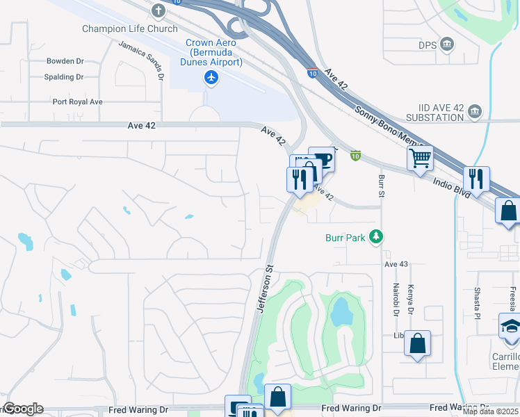 map of restaurants, bars, coffee shops, grocery stores, and more near Fortress Court in Indio