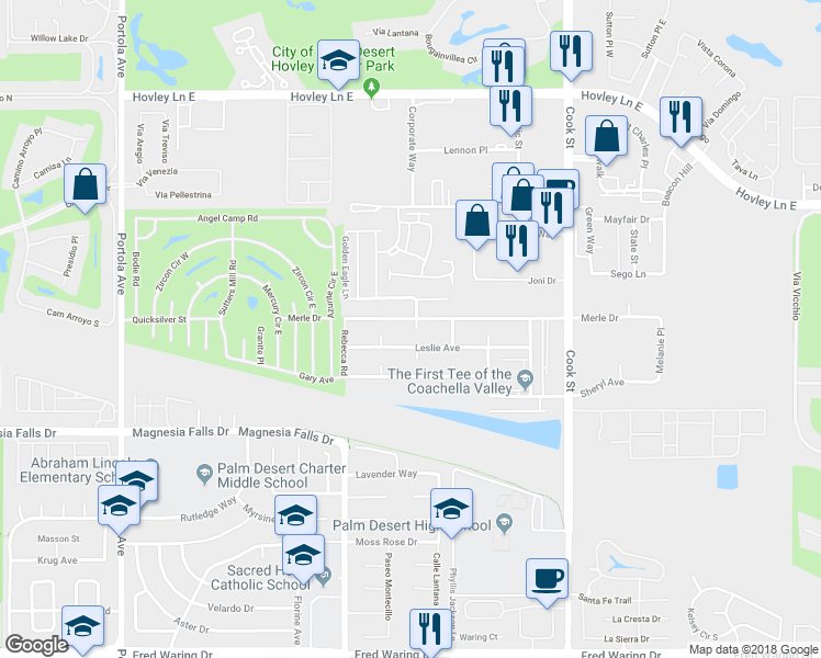 map of restaurants, bars, coffee shops, grocery stores, and more near 42525 Audrey Circle in Palm Desert