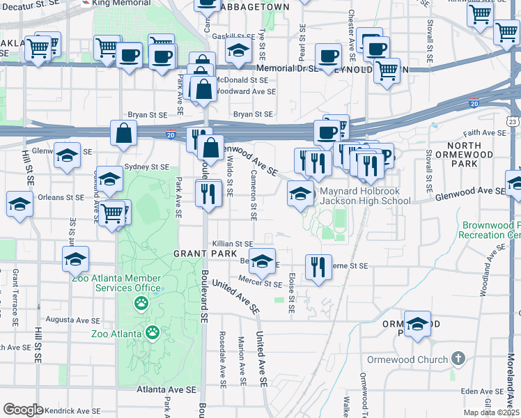 map of restaurants, bars, coffee shops, grocery stores, and more near 548 Cameron Street Southeast in Atlanta