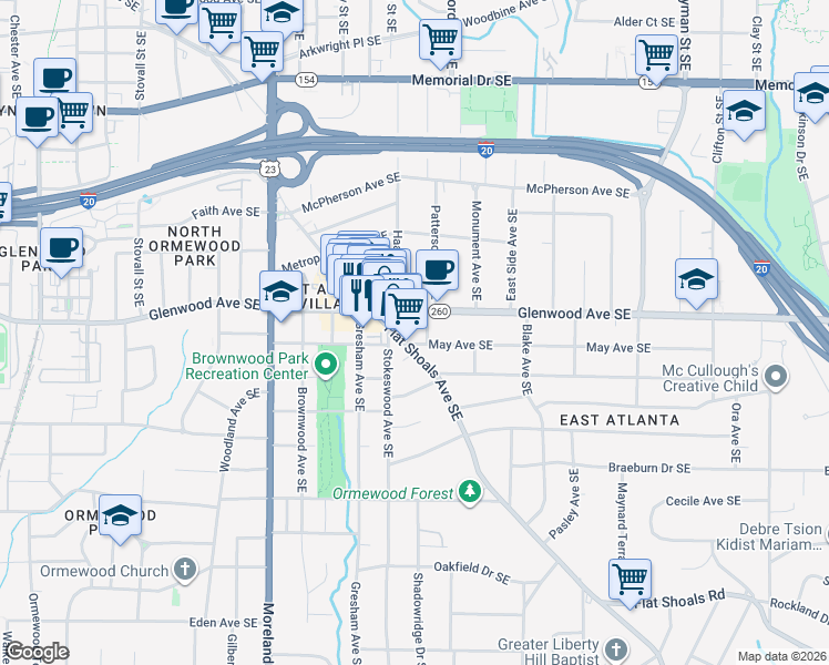 map of restaurants, bars, coffee shops, grocery stores, and more near 1350 May Avenue Southeast in Atlanta