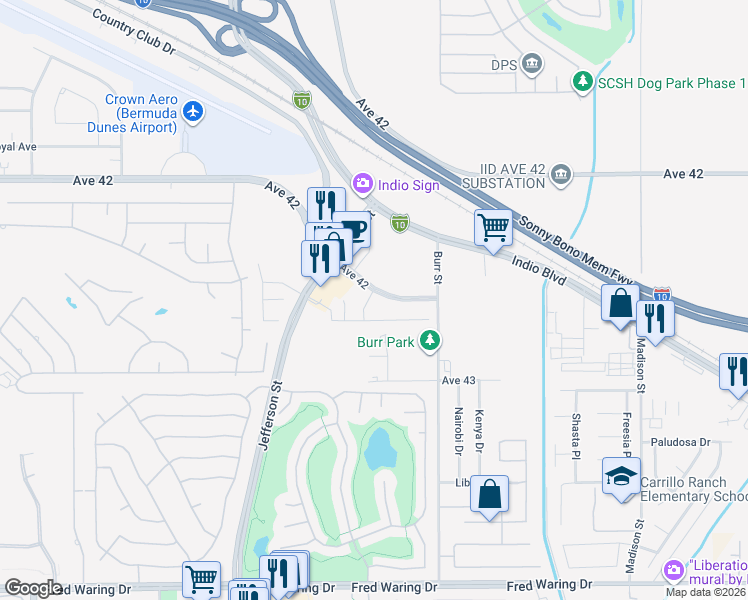 map of restaurants, bars, coffee shops, grocery stores, and more near 42476 Aruba Court in Indio