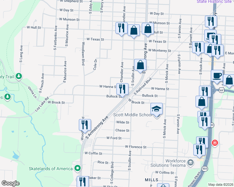 map of restaurants, bars, coffee shops, grocery stores, and more near 1005 Bullock Street in Denison