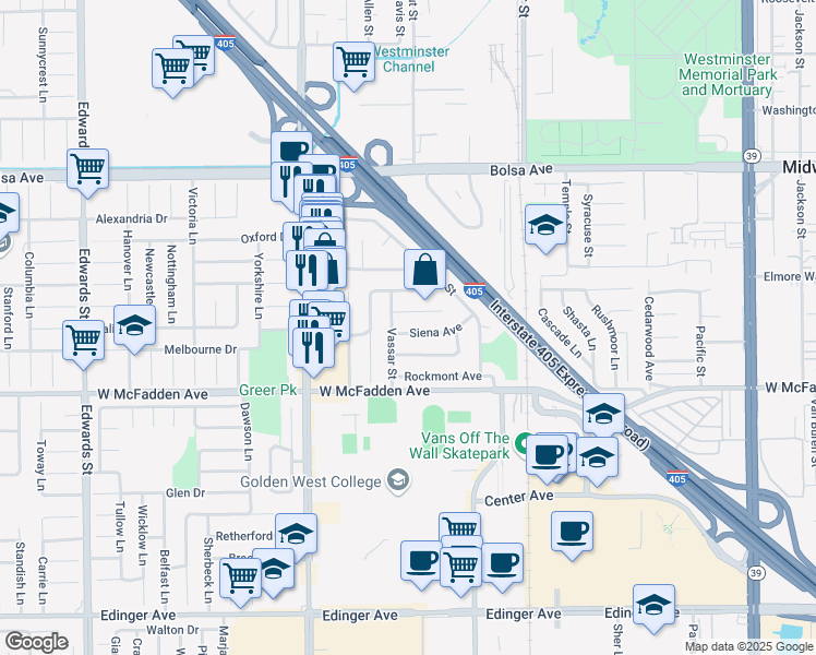map of restaurants, bars, coffee shops, grocery stores, and more near 7231 Siena Avenue in Westminster