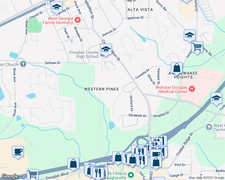 map of restaurants, bars, coffee shops, grocery stores, and more near 8980 Country Club Drive in Douglasville