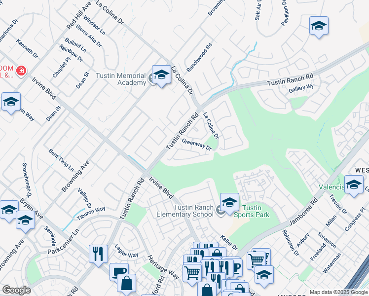 map of restaurants, bars, coffee shops, grocery stores, and more near 2325 Ternberry Court in Tustin