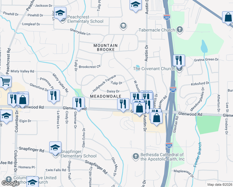 map of restaurants, bars, coffee shops, grocery stores, and more near 3701 Daisy Drive in Decatur