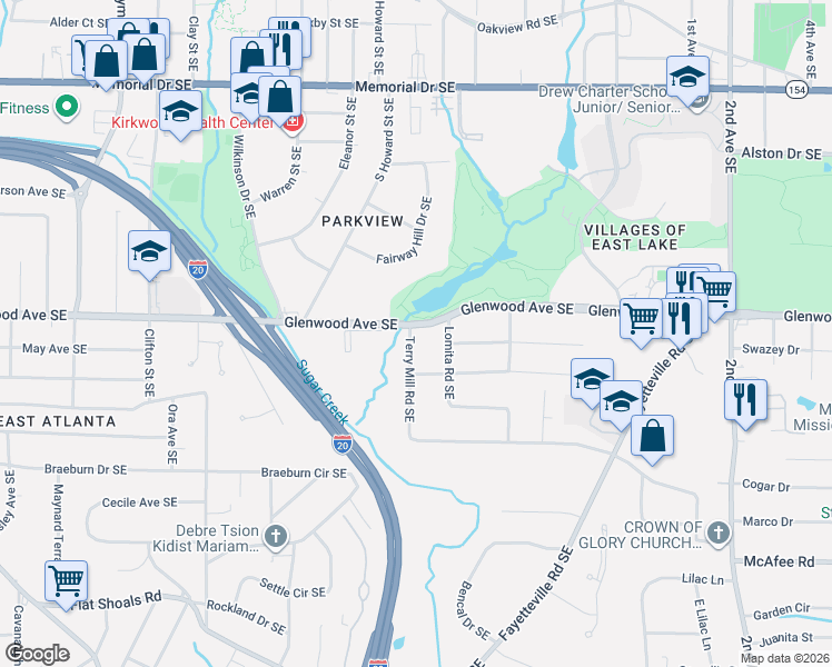map of restaurants, bars, coffee shops, grocery stores, and more near 1957 Glenwood Avenue Southeast in Atlanta