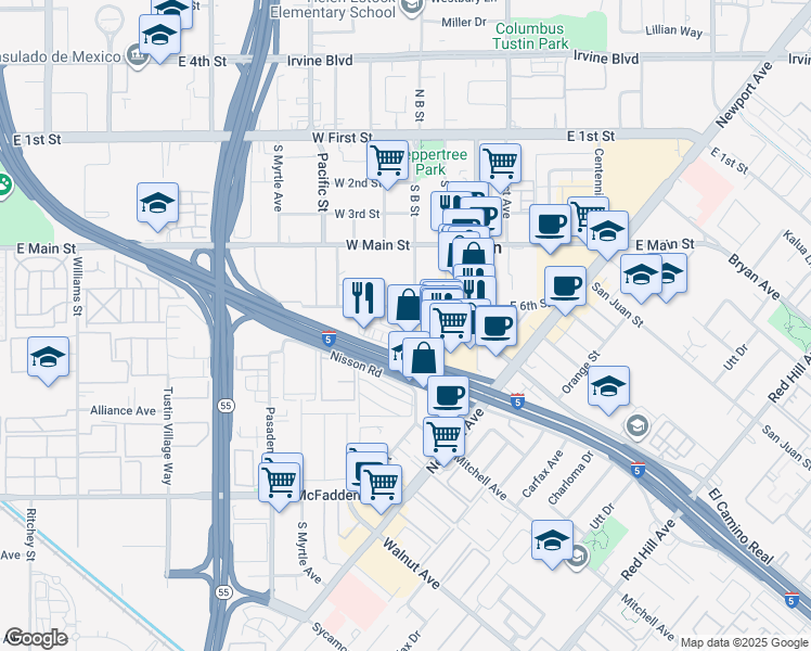 map of restaurants, bars, coffee shops, grocery stores, and more near 606 Handley Court in Tustin