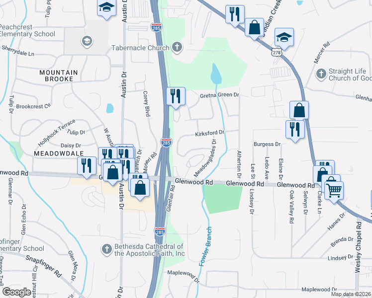 map of restaurants, bars, coffee shops, grocery stores, and more near 1763 Woodsloe Drive in Decatur