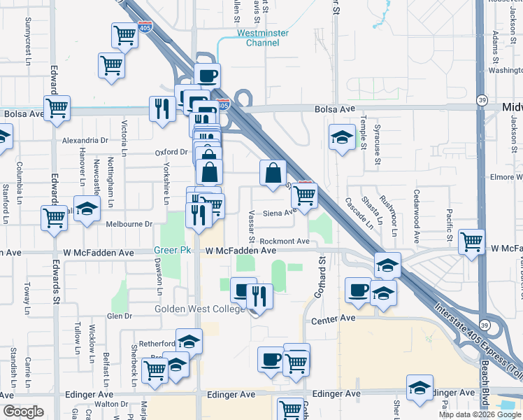 map of restaurants, bars, coffee shops, grocery stores, and more near 7231 Siena Avenue in Westminster