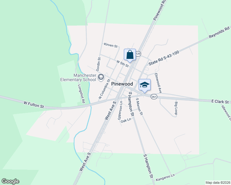 map of restaurants, bars, coffee shops, grocery stores, and more near 102 West Avenue North in Pinewood
