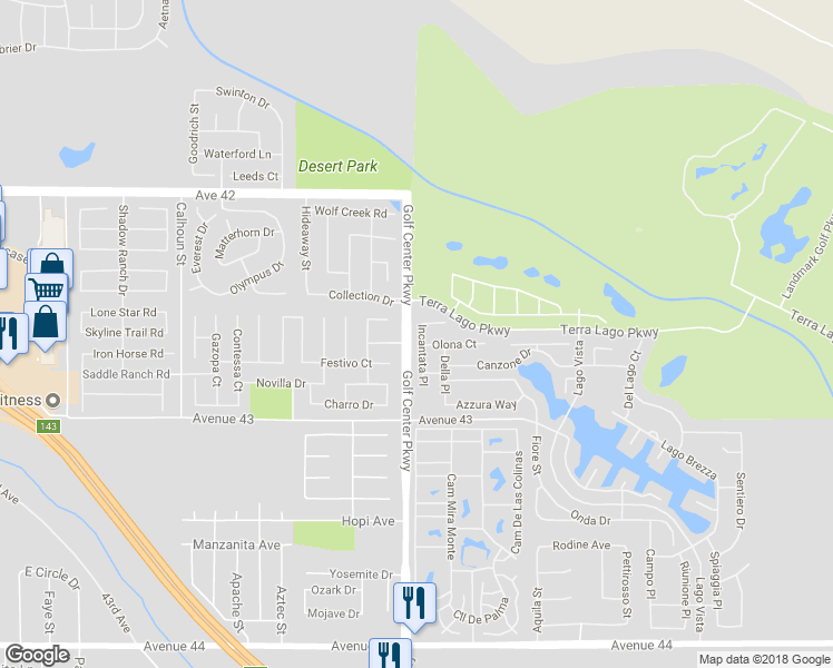map of restaurants, bars, coffee shops, grocery stores, and more near 42619 Incantata Place in Indio