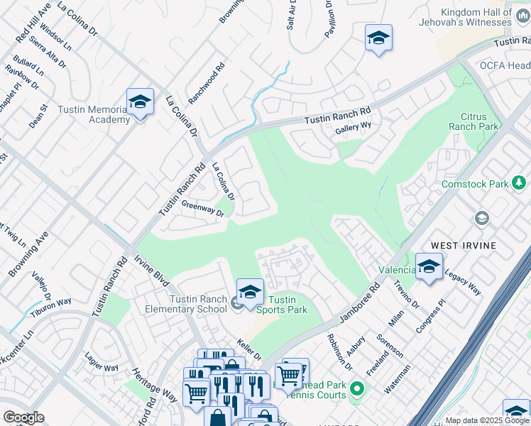 map of restaurants, bars, coffee shops, grocery stores, and more near 12440 Hazeltine Drive in Tustin
