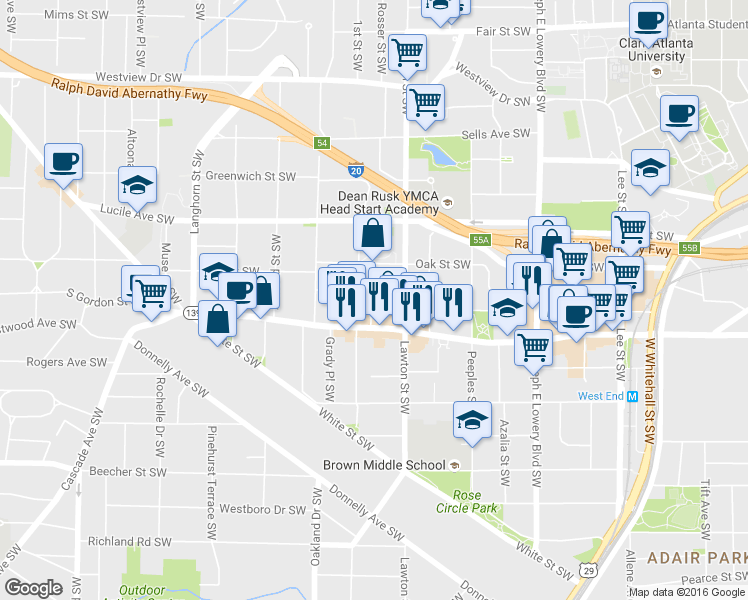 map of restaurants, bars, coffee shops, grocery stores, and more near 576 West End Pl SW in Atlanta