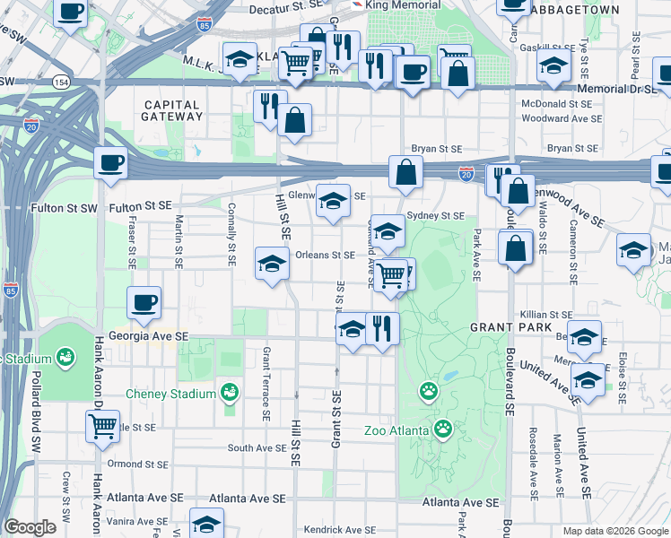 map of restaurants, bars, coffee shops, grocery stores, and more near 555 Grant Street Southeast in Atlanta
