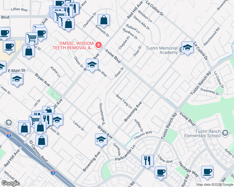 map of restaurants, bars, coffee shops, grocery stores, and more near 13201 Hickory Branch Road in Tustin