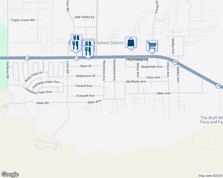 map of restaurants, bars, coffee shops, grocery stores, and more near 26253 Homeland Ave in Homeland