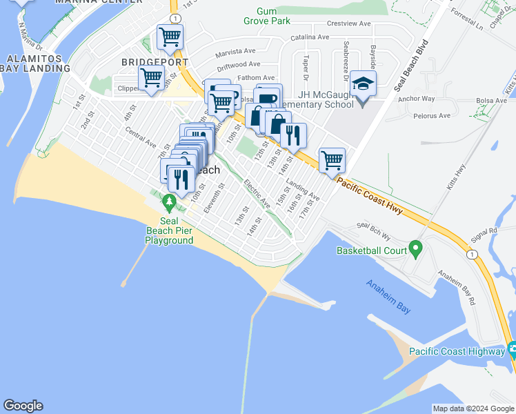 map of restaurants, bars, coffee shops, grocery stores, and more near 1308 Electric Avenue in Seal Beach