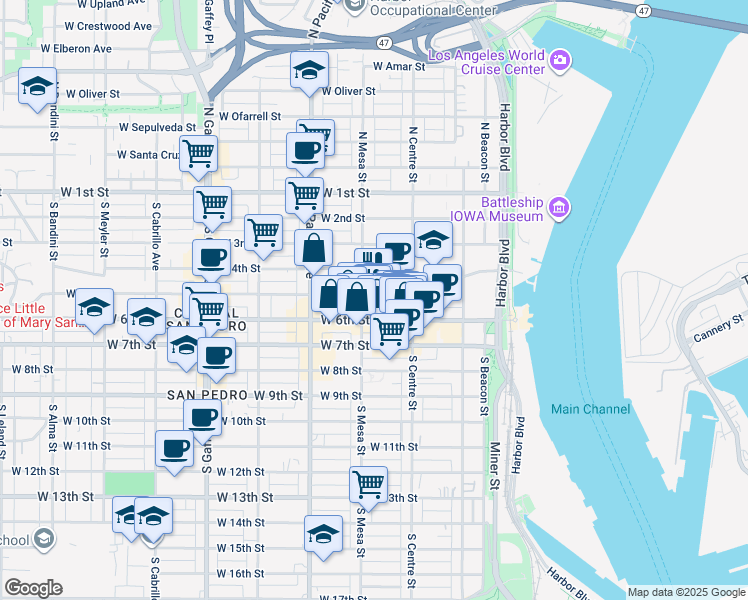 map of restaurants, bars, coffee shops, grocery stores, and more near 500 South Mesa Street in Los Angeles