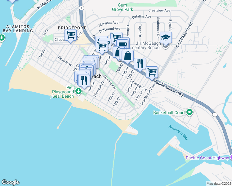 map of restaurants, bars, coffee shops, grocery stores, and more near 150 13th Street in Seal Beach