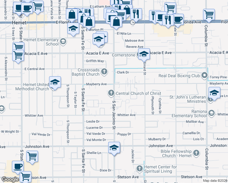 map of restaurants, bars, coffee shops, grocery stores, and more near 541 South San Jacinto Street in Hemet